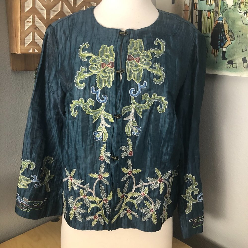 CITRON Linen Blend Cardigan Jacket Women's size M Blue & Green Embroidered